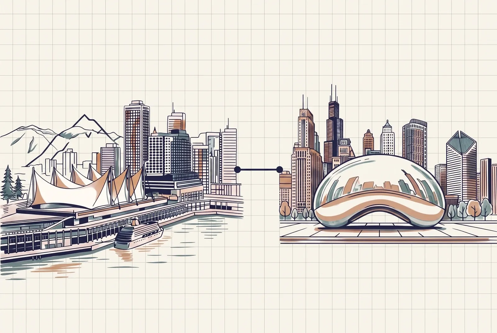 Line illustration of Resolved as one firm across two cities, a coastal harbour city and a skyline city, linked together.