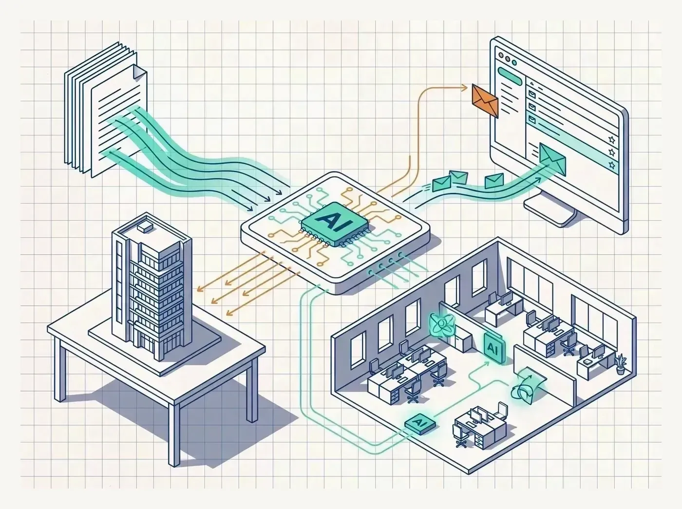 Line-art illustration of AI assistance integrated into a firm's existing tools, documents, and workflows