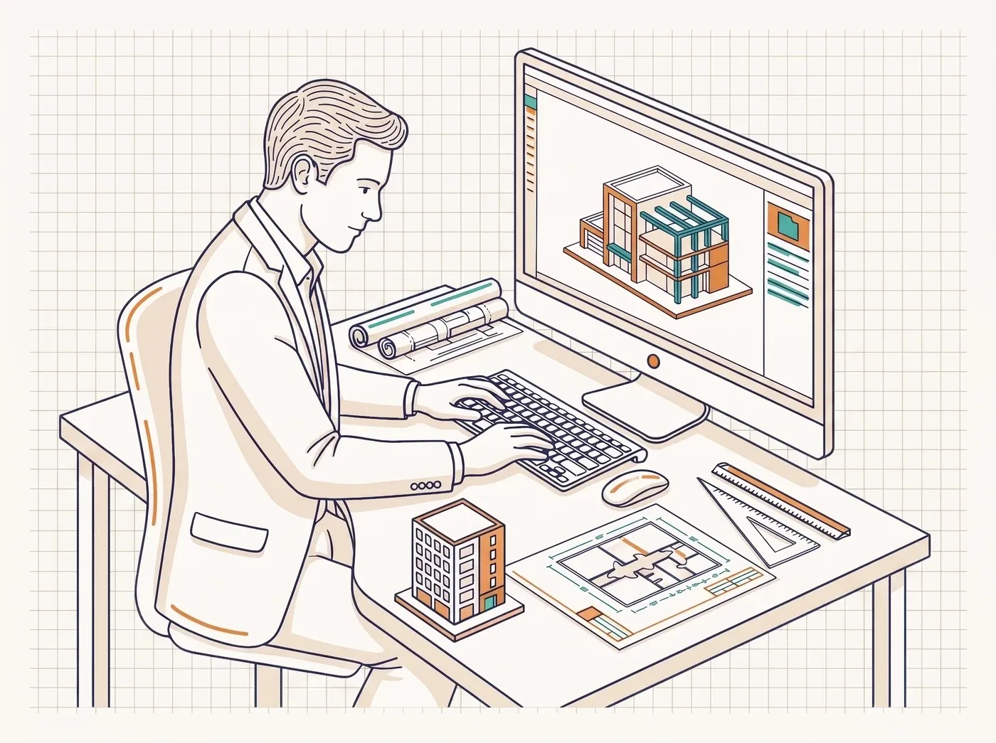 Line-art illustration of an architecture studio desk with plans, a scale model, and a BIM model on screen