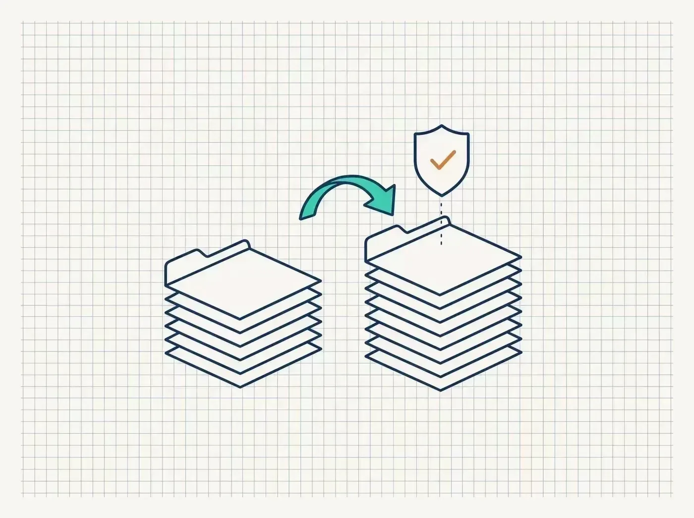 Line-art illustration of a drafting desk and workstation with project data secured in a vault and a restore loop