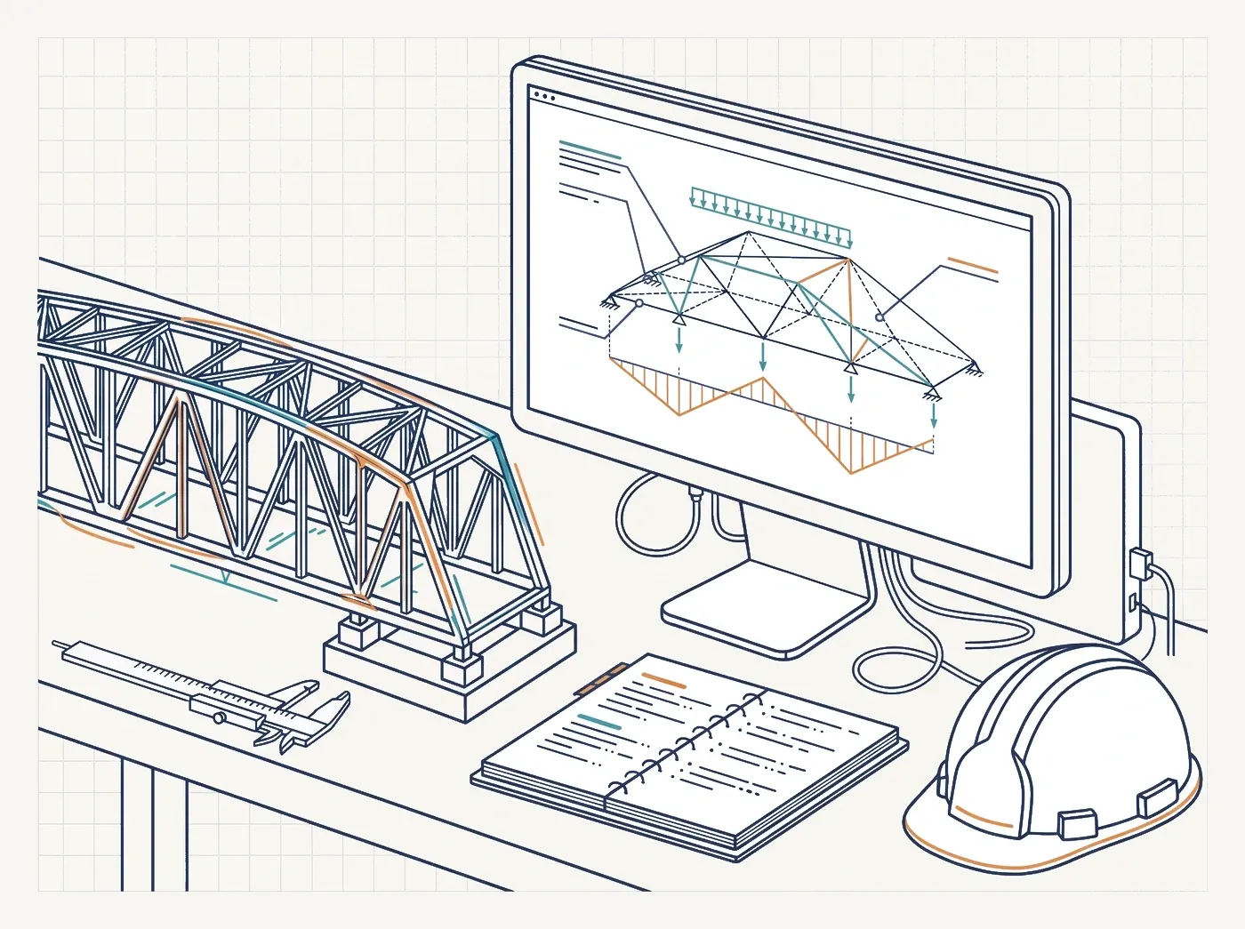 Line-art illustration of an engineering workspace with calculations, a truss diagram, and stress-analysis models