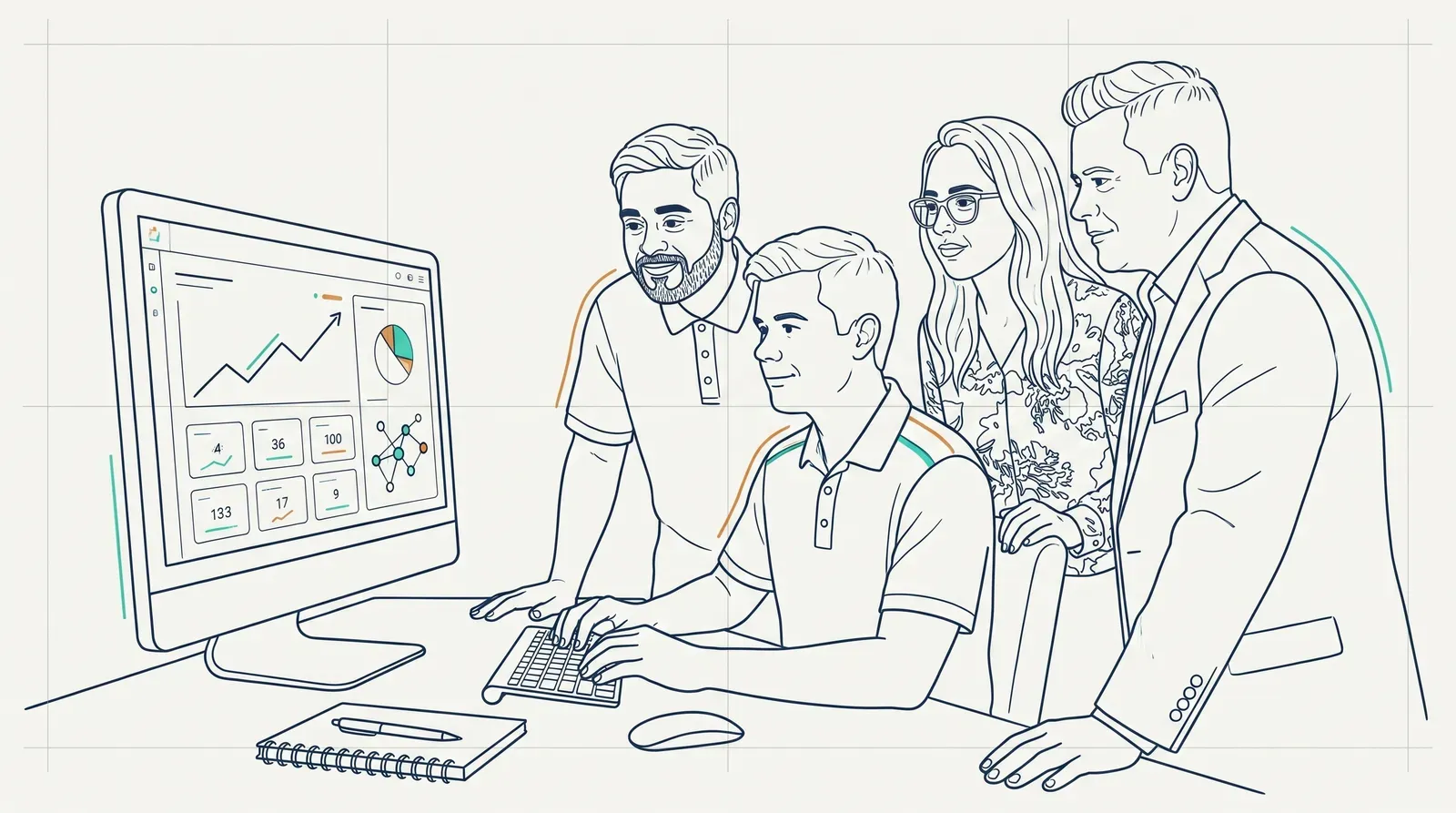 Line-art illustration of the Resolved team gathered around a monitor reviewing a live IT and business dashboard together