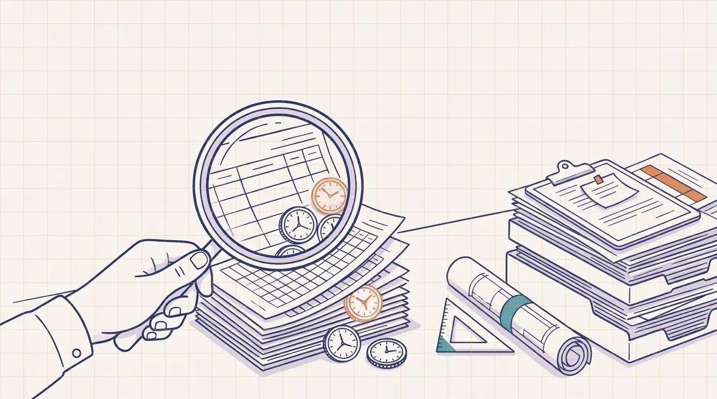Line-art illustration of a reviewer holding a magnifying glass over a stack of timesheets, revealing clock faces hidden between the sheets, beside drafting tools set apart from a pile of paperwork