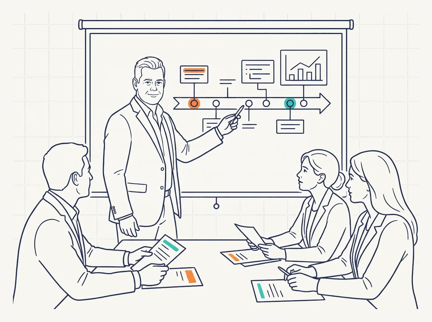 Line-art illustration of a technology roadmap with quarterly milestones leading to a building under construction
