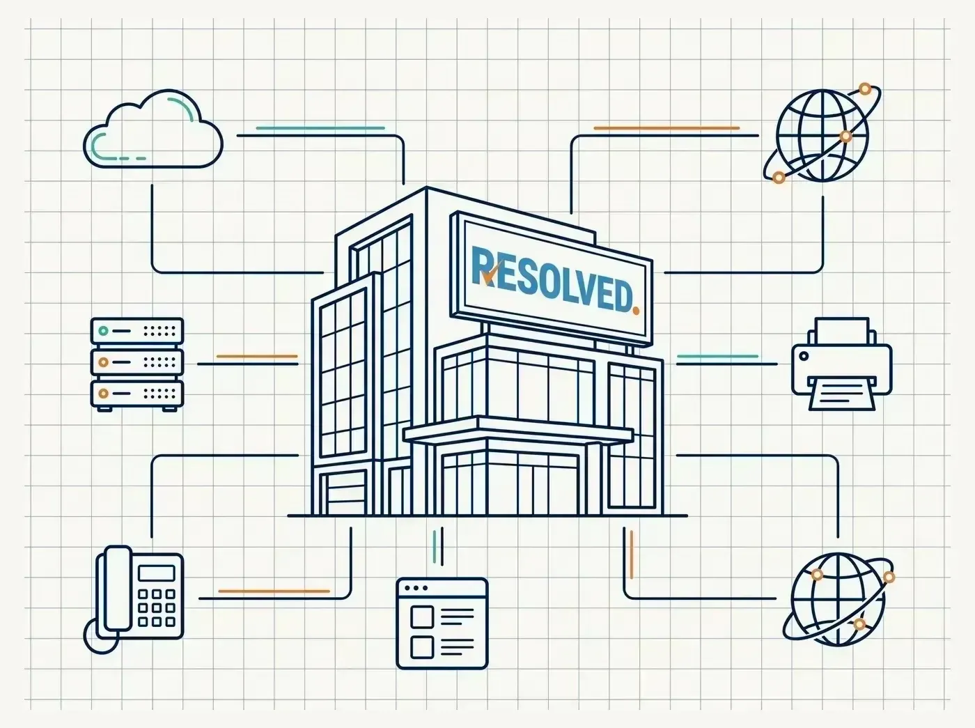 Line-art illustration of Resolved tracking a firm's assets and coordinating its technology vendors from a single hub
