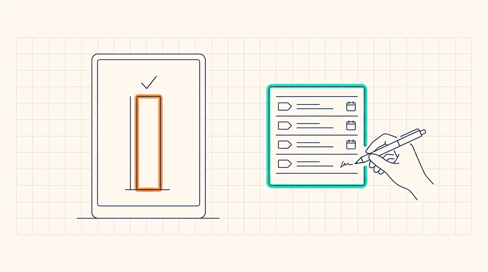 Line-art header: a security scorecard with one tall bar almost full, and beside it a small separate ledger of four tagged items, each with a note and a date