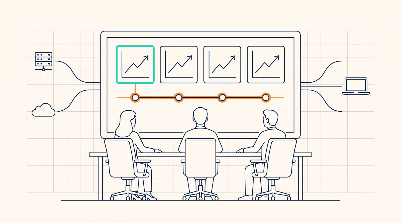 Line-art header: a meeting table facing a wall screen with four posture tiles and a roadmap timeline, with lines flowing into the screen from small server, cloud, and laptop icons