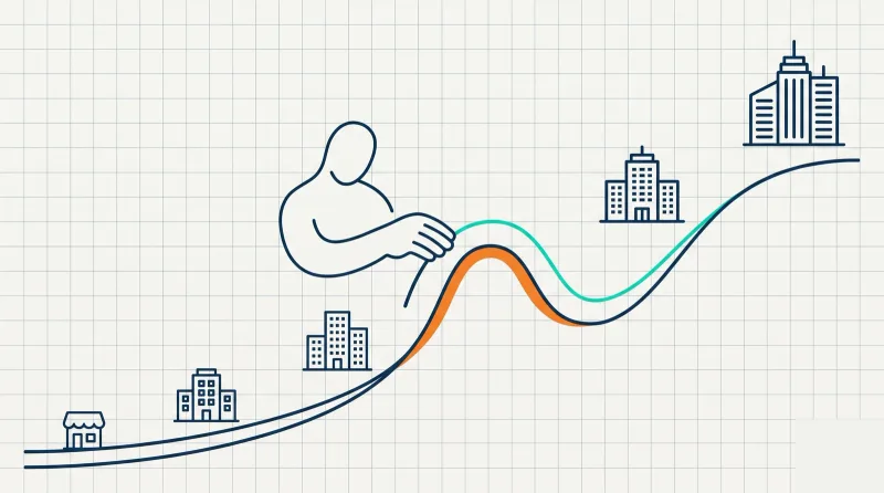 Line-art header: a growth curve with a hump being smoothed by IT support as a firm scales