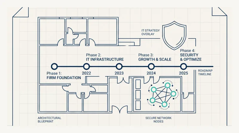 Line-art header: an architectural blueprint with an IT strategy roadmap and secure network overlay
