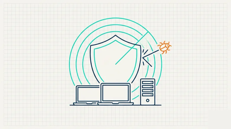 Line-art header: endpoint devices protected by a shield and radar sweep blocking an incoming threat