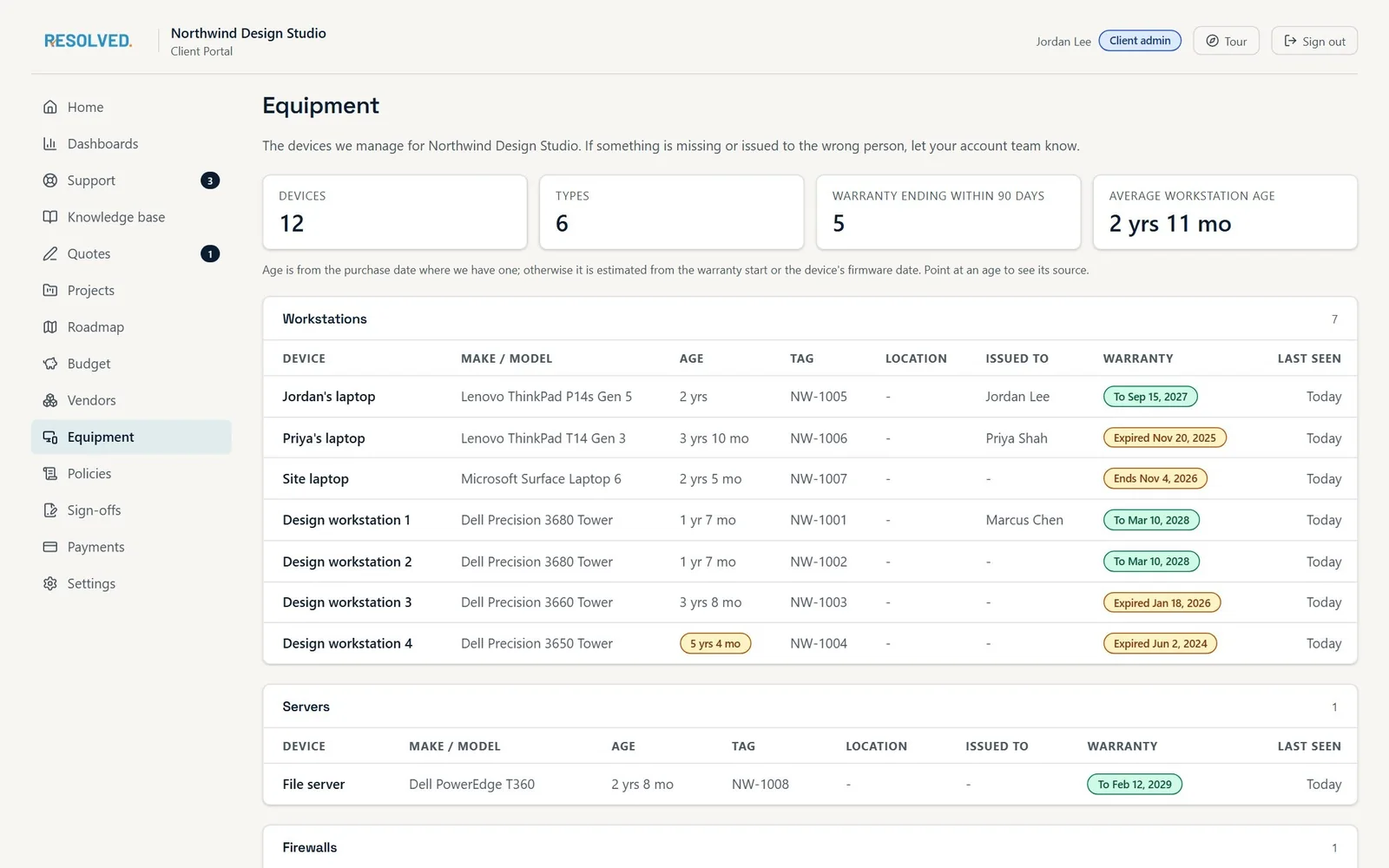 Client portal Equipment page