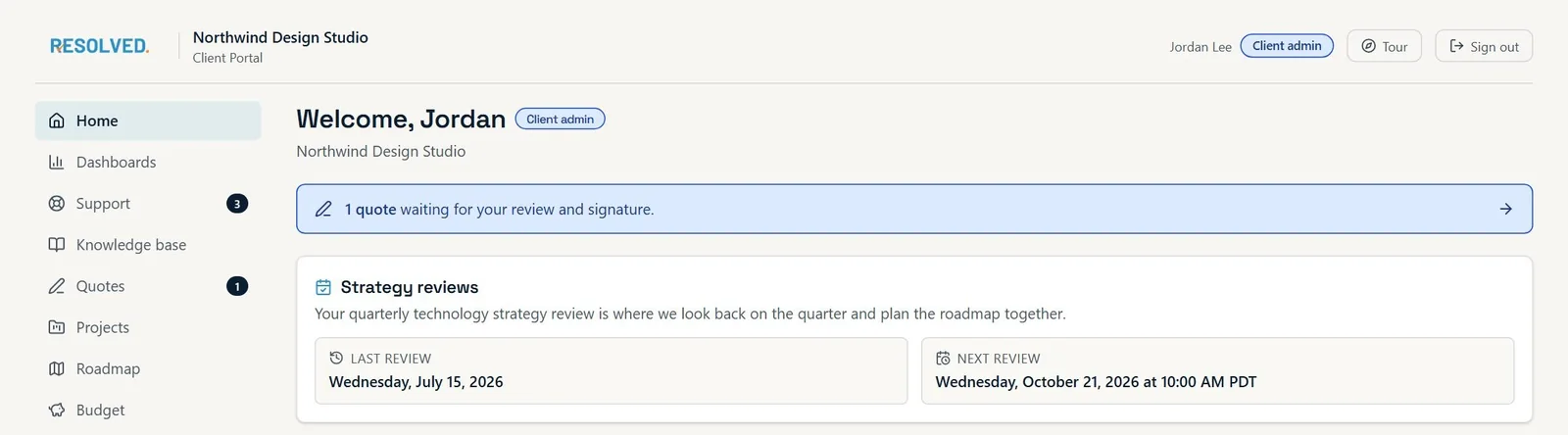 Client portal Home page
