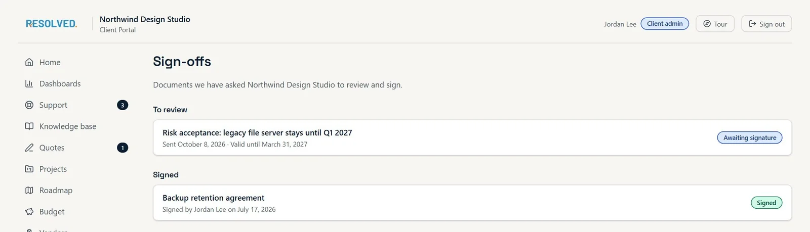 Client portal Sign-offs page