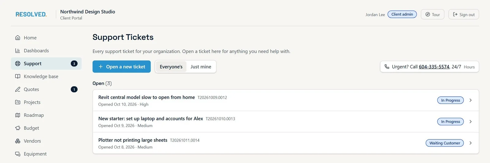 Client portal Support page